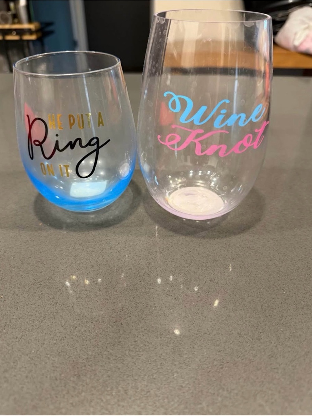 Wedding-Themed Stemless Wine Glasses - Blue & Pink